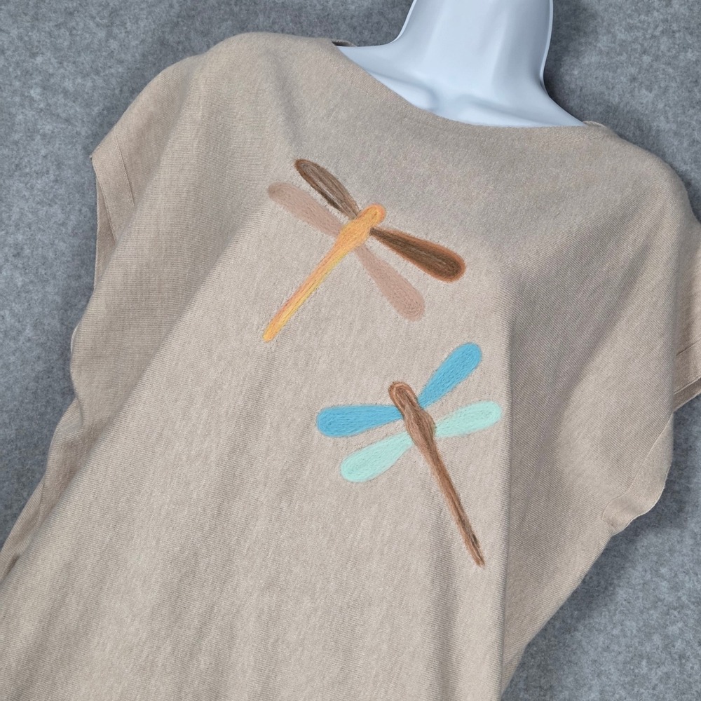 Aaeda Women‎ Large Dragonfly Cap Sleeve Knit Top Soft Felt Embroidered Shirt Tan